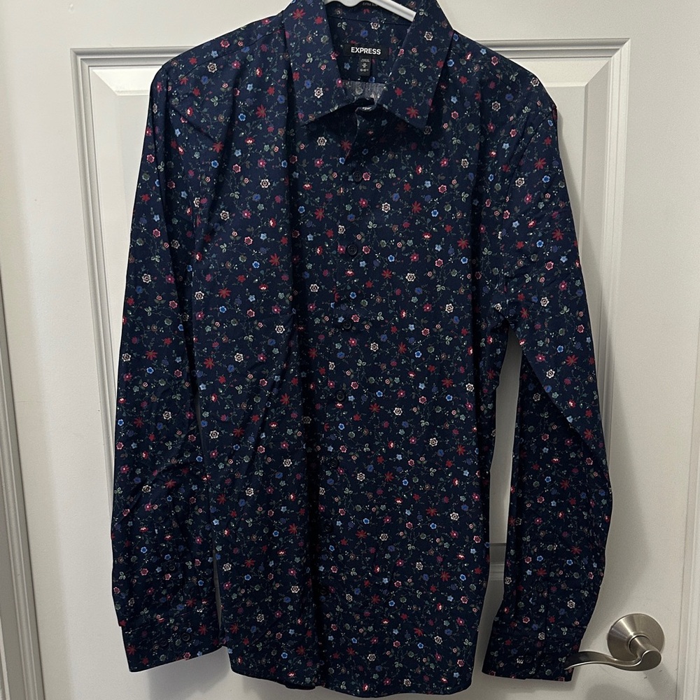 Express Men's Dark Blue Floral Button Down Shirt